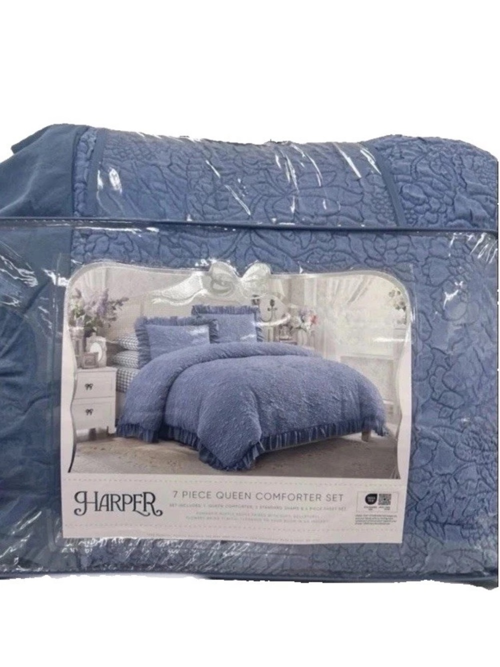 Harper Blue Queen 7 Piece Floral Comforter Set with Ruffled Trim 90”x90”